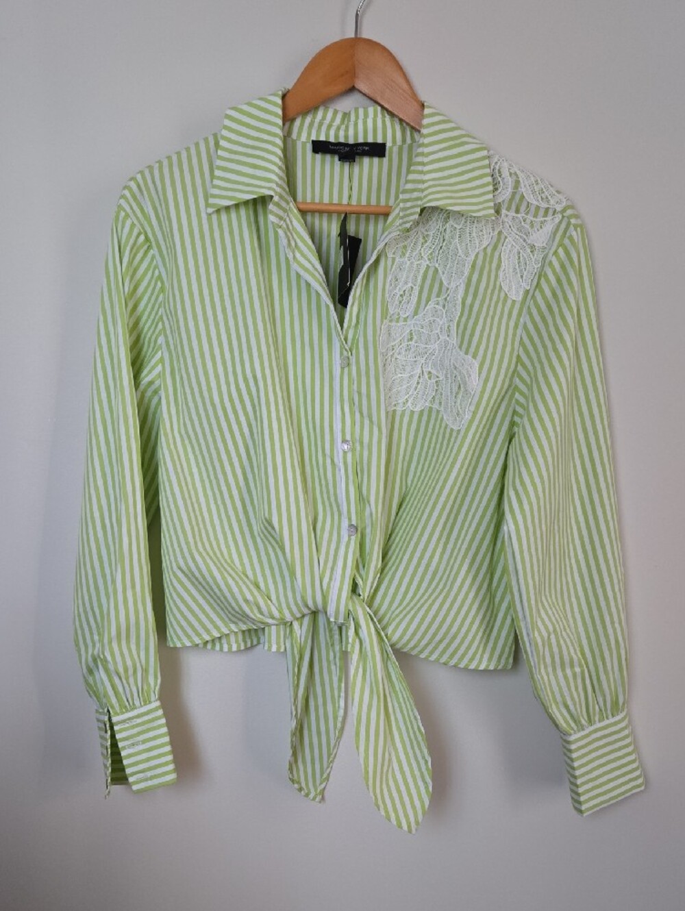 Women’s Striped Lime Blouse with White Lace Shoulder Detail